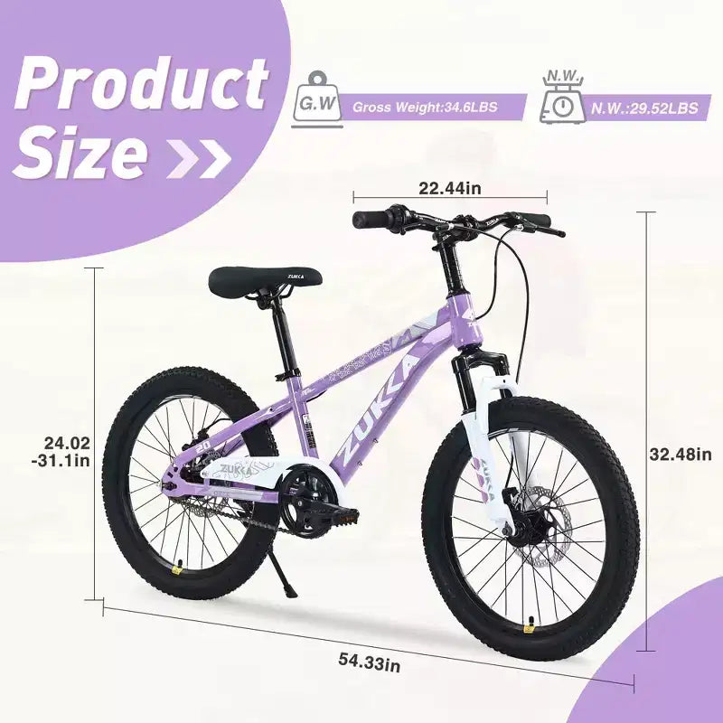 NAYSAYE Bicicleta de montaña con cuadro de acero duradero y horquilla de suspensión para niños, para montar al aire libre, morada, 54.33*22.44*32.48