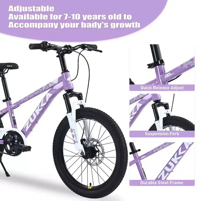 NAYSAYE Bicicleta de montaña con cuadro de acero duradero y horquilla de suspensión para niños, para montar al aire libre, morada, 54.33*22.44*32.48