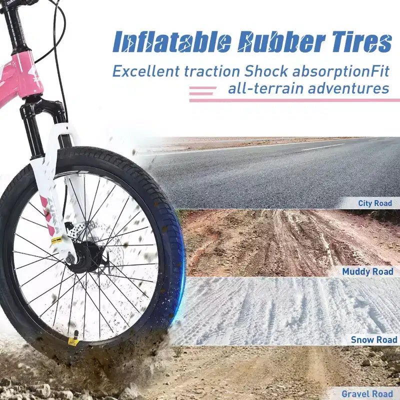 NAYSAYE Bicicleta de Montaña de 20 Pulgadas MTB con Sillín Ajustable y Frenos de Disco Dobles para Aventuras al Aire Libre, Rosa, 54.33*22.44*32.48
