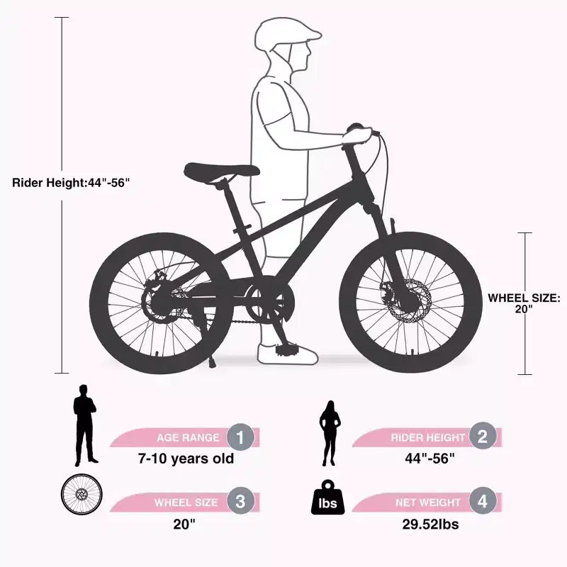 NAYSAYE Bicicleta de Montaña de 20 Pulgadas MTB con Sillín Ajustable y Frenos de Disco Dobles para Aventuras al Aire Libre, Rosa, 54.33*22.44*32.48