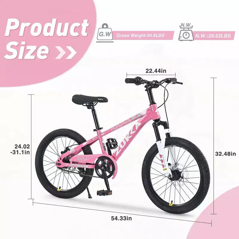 NAYSAYE Bicicleta de Montaña de 20 Pulgadas MTB con Sillín Ajustable y Frenos de Disco Dobles para Aventuras al Aire Libre, Rosa, 54.33*22.44*32.48