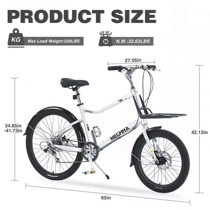 NAYSAYE Bicicleta de Carga de 7 Velocidades, Cuadro de Aleación, Bicicleta para Adultos para el Uso Diario, Plateado, 65*27.56*42.13