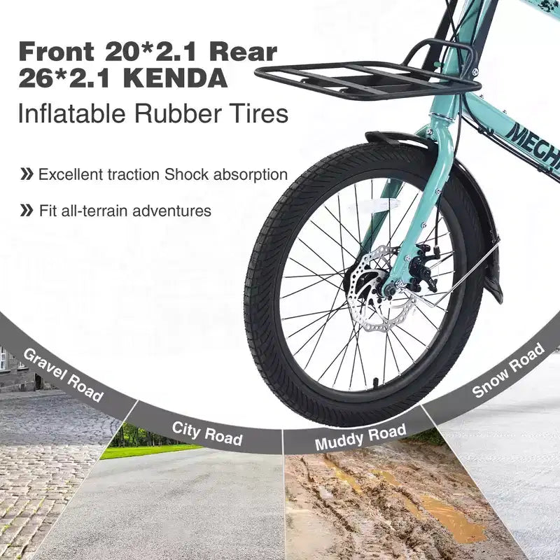 NAYSAYE Bicicleta de carga de 7 velocidades con cuadro de aleación de aluminio y portabultos delantero y trasero para uso diario y viajes, verde, 65*27.56*42.13