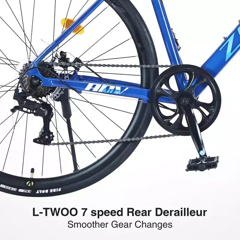 NAYSAYE Bicicleta de carretera híbrida 700C para adultos, 7 velocidades, cuadro ligero de aluminio, bicicleta de carreras para viajar por la ciudad, azul, 68.5*18.8*39