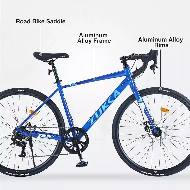 NAYSAYE Bicicleta de carretera híbrida 700C para adultos, 7 velocidades, cuadro ligero de aluminio, bicicleta de carreras para viajar por la ciudad, azul, 68.5*18.8*39