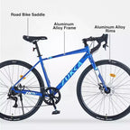 NAYSAYE Bicicleta de carretera híbrida 700C para adultos, 7 velocidades, cuadro ligero de aluminio, bicicleta de carreras para viajar por la ciudad, azul, 68.5*18.8*39