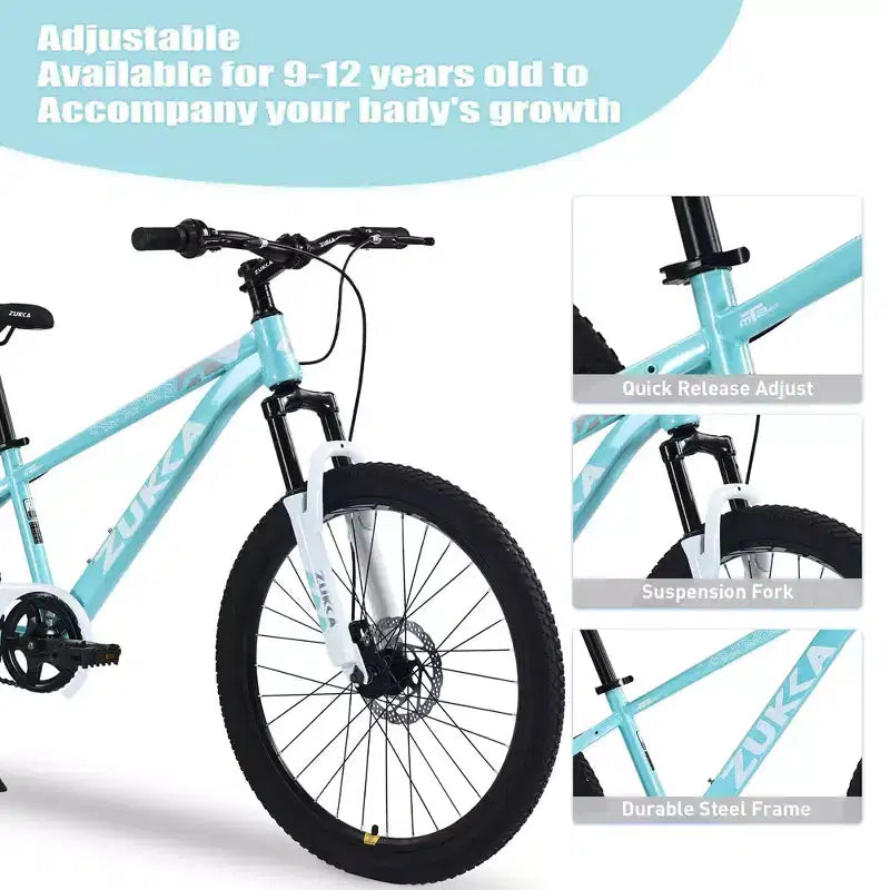 NAYSAYE Bicicleta de montaña de 24 pulgadas para niños con horquilla de suspensión, cuadro de acero para niños de 9 a 12 años, cian, 63.78*24.8*37.2