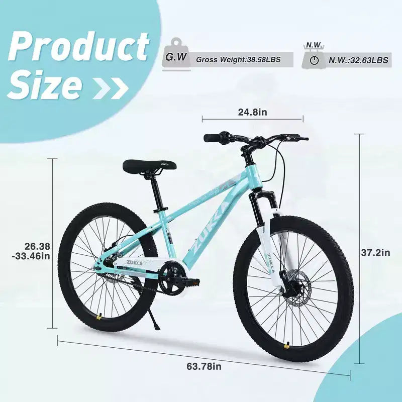 NAYSAYE Bicicleta de montaña de 24 pulgadas para niños con horquilla de suspensión, cuadro de acero para niños de 9 a 12 años, cian, 63.78*24.8*37.2
