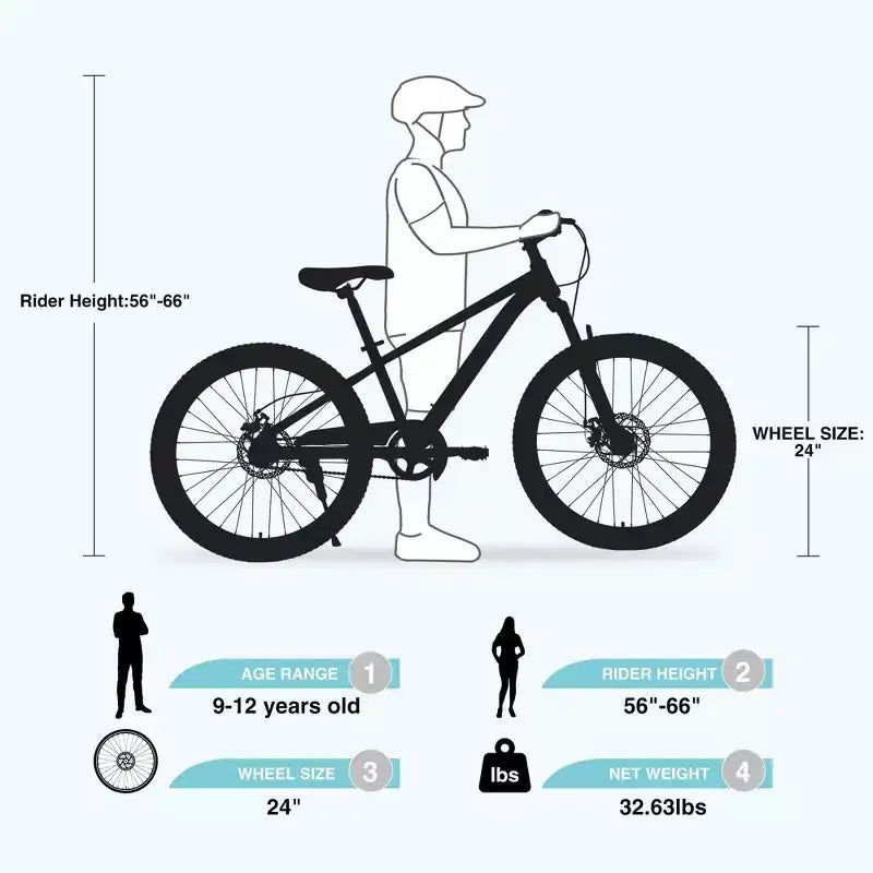 NAYSAYE Bicicleta de montaña de 24 pulgadas para niños con horquilla de suspensión, cuadro de acero para niños de 9 a 12 años, cian, 63.78*24.8*37.2