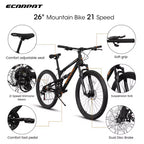 NAYSAYE Bicicleta de montaña de 26 pulgadas con cuadro de acero, 21 velocidades, doble suspensión, para adultos, para ciclismo al aire libre, Negro, 67*25*40