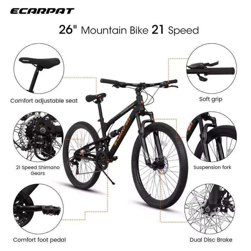 NAYSAYE Bicicleta de montaña de 26 pulgadas con cuadro de acero, 21 velocidades, doble suspensión, para adultos, para ciclismo al aire libre, Negro, 67*25*40