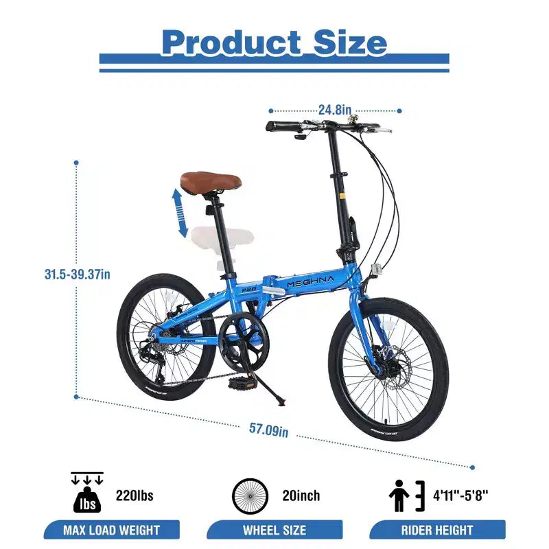 NAYSAYE Bicicleta plegable de ciudad de 20 pulgadas, cuadro de aluminio ligero de 7 velocidades para ir al trabajo y viajar, azul, 57.09*24.8*39.37