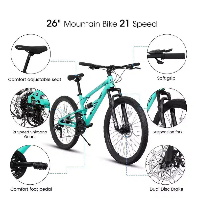 Bicicleta de montaña NAYSAYE de 26 pulgadas, cuadro de acero, 21 velocidades, horquilla con suspensión, para adultos, para paseos al aire libre, azul, 68.00*27.00*38.00