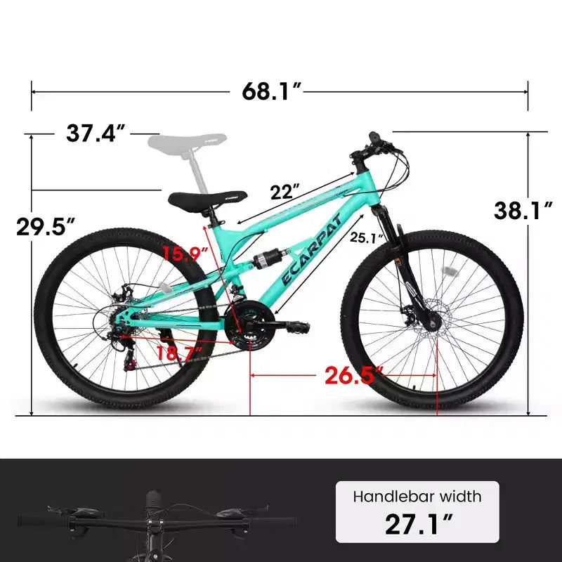 Bicicleta de montaña NAYSAYE de 26 pulgadas, cuadro de acero, 21 velocidades, horquilla con suspensión, para adultos, para paseos al aire libre, azul, 68.00*27.00*38.00