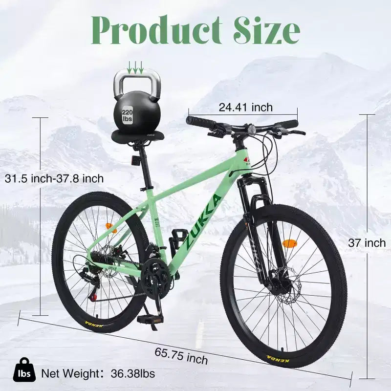 Bicicleta de montaña NAYSAYE de 26 pulgadas con 3X8/24 velocidades MTB con cuadro de acero y suspensión delantera para adultos, hombres, mujeres y estudiantes, verde, 65.75*24.41*37
