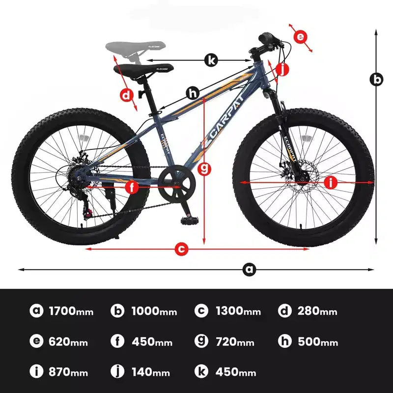 NAYSAYE Bicicleta de montaña con neumáticos anchos de 24 pulgadas, cambio de 7 velocidades y doble freno de disco para adultos y jóvenes, gris, 67*25*40