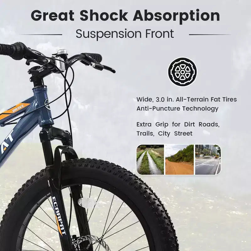NAYSAYE Bicicleta de montaña con neumáticos anchos de 24 pulgadas, cambio de 7 velocidades y doble freno de disco para adultos y jóvenes, gris, 67*25*40