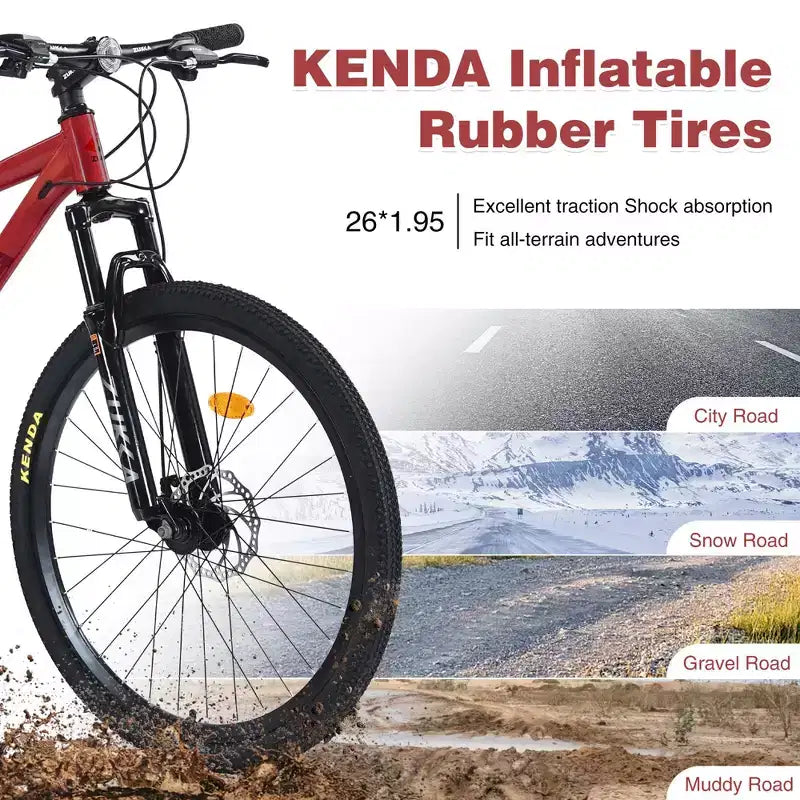 Bicicleta de Montaña NAYSAYE 24 Velocidades con Cuadro de Acero y Horquilla de Suspensión para Adultos, Rojo, 65.75*24.41*37
