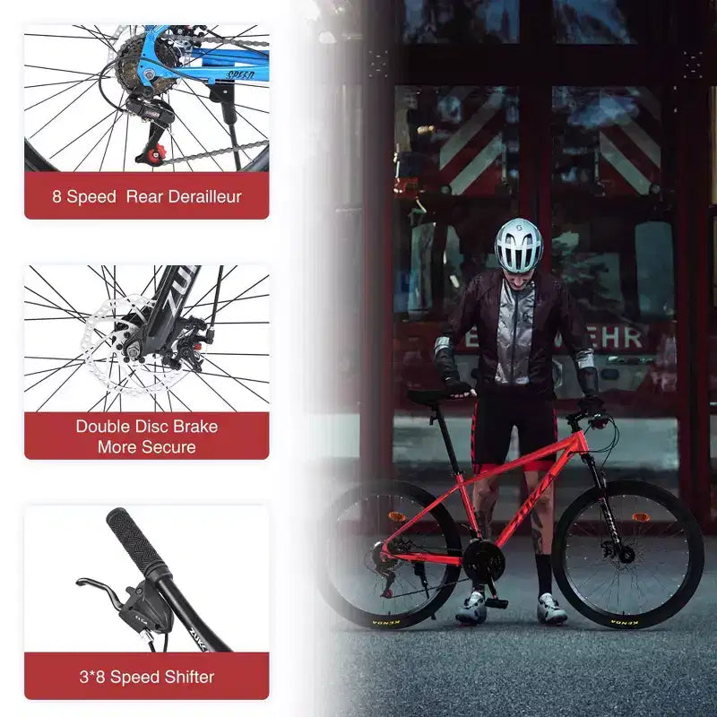 Bicicleta de Montaña NAYSAYE 24 Velocidades con Cuadro de Acero y Horquilla de Suspensión para Adultos, Rojo, 65.75*24.41*37