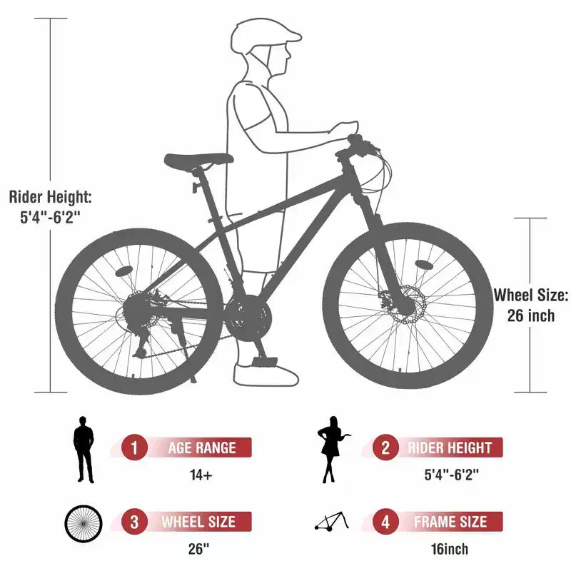 Bicicleta de Montaña NAYSAYE 24 Velocidades con Cuadro de Acero y Horquilla de Suspensión para Adultos, Rojo, 65.75*24.41*37