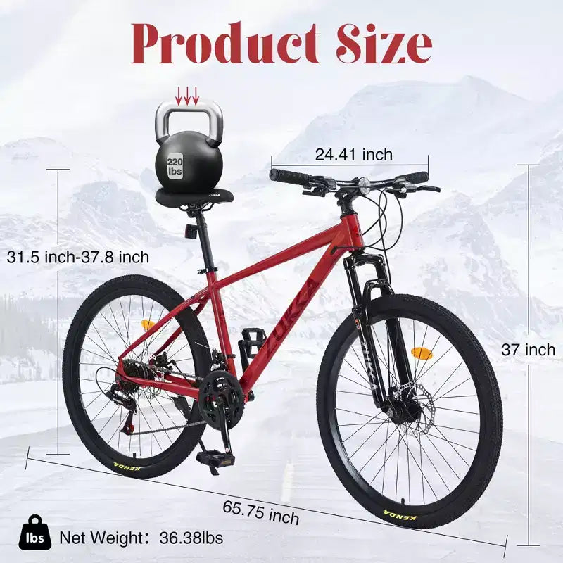 Bicicleta de Montaña NAYSAYE 24 Velocidades con Cuadro de Acero y Horquilla de Suspensión para Adultos, Rojo, 65.75*24.41*37