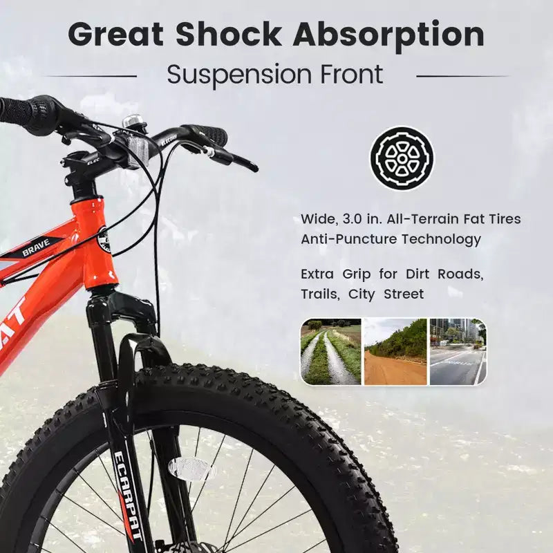 Bicicleta de montaña NAYSAYE de 24 pulgadas con neumáticos gruesos, cambio de 7 velocidades y doble freno de disco para adultos y jóvenes, naranja, 67*25*40