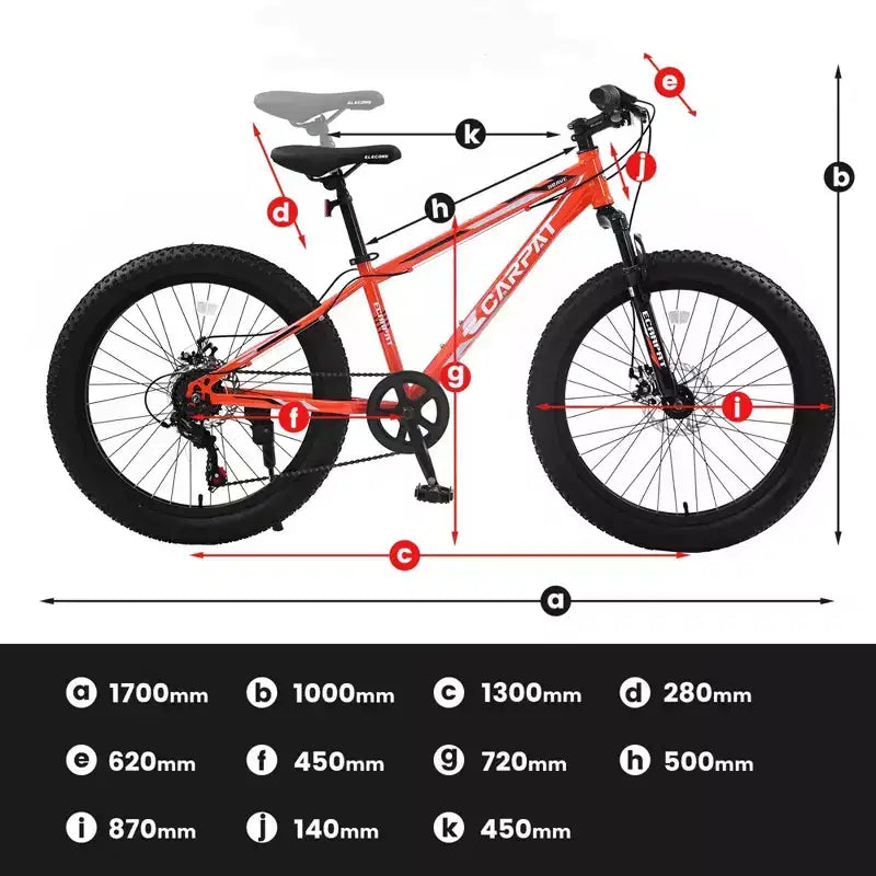 Bicicleta de montaña NAYSAYE de 24 pulgadas con neumáticos gruesos, cambio de 7 velocidades y doble freno de disco para adultos y jóvenes, naranja, 67*25*40