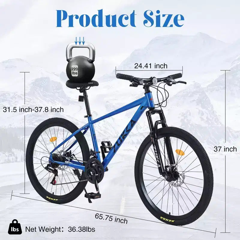 Bicicleta de montaña NAYSAYE de 26 pulgadas, cuadro de acero, 24 velocidades, horquilla de suspensión, bicicleta para adultos para aventura al aire libre, azul, 65.75*24.41*37