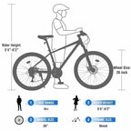 Bicicleta de montaña NAYSAYE de 26 pulgadas, cuadro de acero, 24 velocidades, horquilla de suspensión, bicicleta para adultos para aventura al aire libre, azul, 65.75*24.41*37