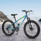Bicicleta de montaña NAYSAYE de 24 pulgadas con neumático grueso, cambio de 7 velocidades y doble freno de disco para adultos y jóvenes, azul y verde, 67*25*40