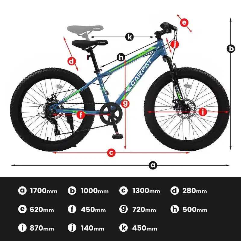 Bicicleta de montaña NAYSAYE de 24 pulgadas con neumático grueso, cambio de 7 velocidades y doble freno de disco para adultos y jóvenes, azul y verde, 67*25*40