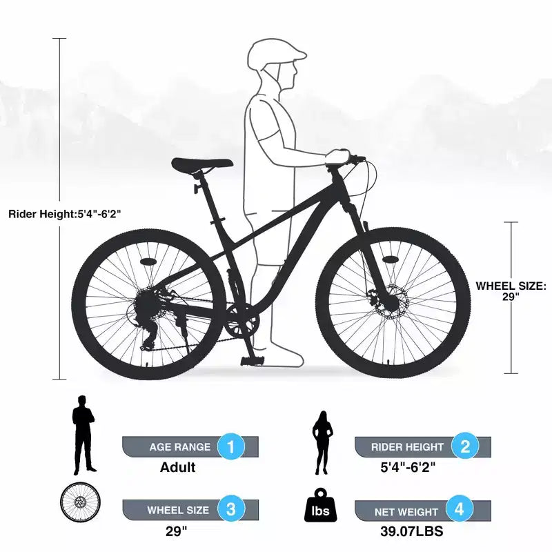 Bicicleta de montaña NAYSAYE de 29 pulgadas y 8 velocidades, cuadro de acero con suspensión delantera para adultos y jóvenes, azul, 70.8*27.1*41.7