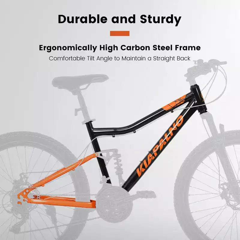 Bicicleta de Montaña NAYSAYE de 26 Pulgadas, Cuadro de Acero, 21 Velocidades con Horquilla de Suspensión y Frenos de Disco para Unisex, Negro y Naranja, 55.91*7.88*28.74