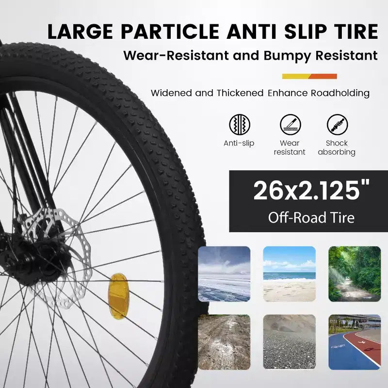 Bicicleta de Montaña NAYSAYE de 26 Pulgadas, Cuadro de Acero, 21 Velocidades con Horquilla de Suspensión y Frenos de Disco para Unisex, Negro y Naranja, 55.91*7.88*28.74