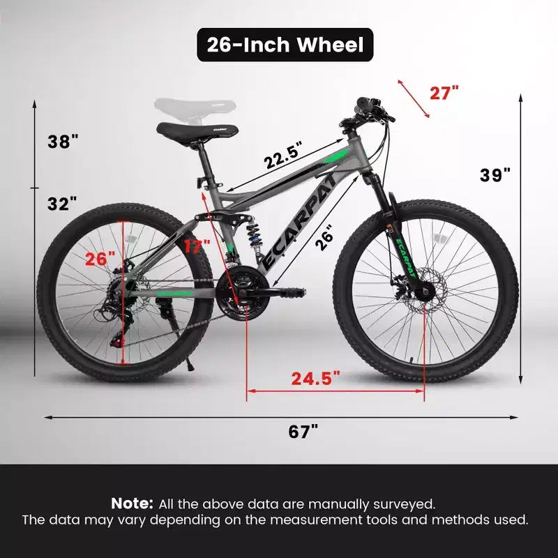 Bicicleta de montaña NAYSAYE de 26 pulgadas y 21 velocidades con doble amortiguación para viajes y desplazamientos de unisex, gris, 67*27*39