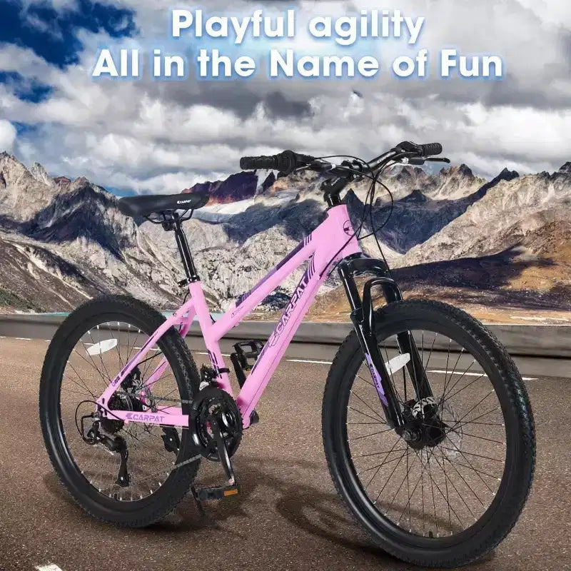 Bicicleta de montaña NAYSAYE de 24 pulgadas con cambio de 21 velocidades y frenos de disco dobles para adolescentes y mujeres, rosa, 66*24.8*35