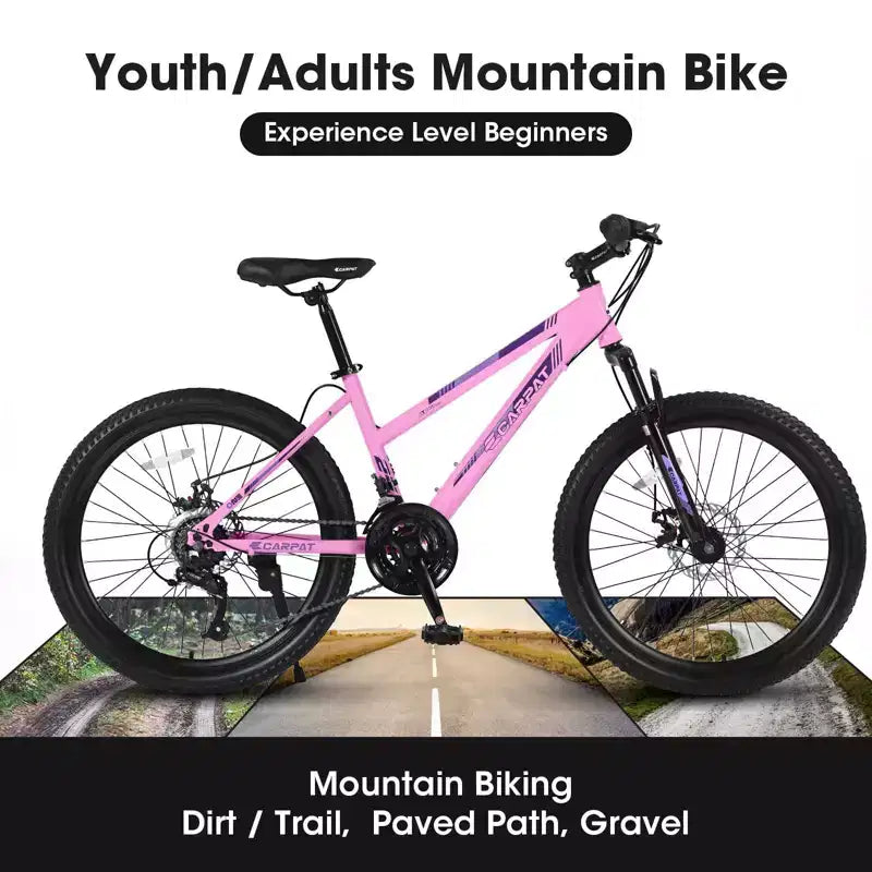 Bicicleta de montaña NAYSAYE de 24 pulgadas con cambio de 21 velocidades y frenos de disco dobles para adolescentes y mujeres, rosa, 66*24.8*35
