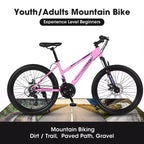 Bicicleta de montaña NAYSAYE de 24 pulgadas con cambio de 21 velocidades y frenos de disco dobles para adolescentes y mujeres, rosa, 66*24.8*35