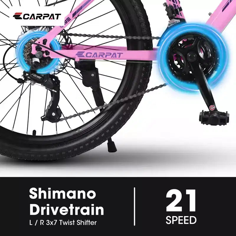 Bicicleta de montaña NAYSAYE de 24 pulgadas con cambio de 21 velocidades y frenos de disco dobles para adolescentes y mujeres, rosa, 66*24.8*35