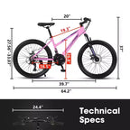 Bicicleta de montaña NAYSAYE de 24 pulgadas con cambio de 21 velocidades y frenos de disco dobles para adolescentes y mujeres, rosa, 66*24.8*35