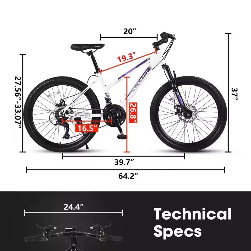 NAYSAYE Bicicleta de montaña de 24 pulgadas con cambio de 21 velocidades y doble freno de disco para adolescentes y mujeres, blanco, 66*24.8*35