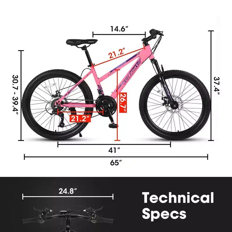 Bicicleta de montaña NAYSAYE de 26 pulgadas con cambio de 21 velocidades y frenos de disco dobles para adolescentes y mujeres, rosa, 65*24.8*37.4