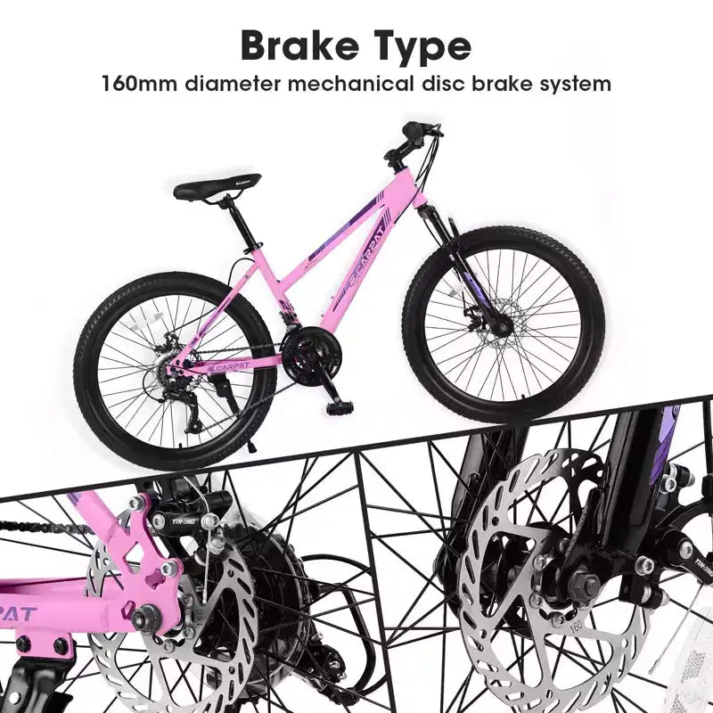 Bicicleta de montaña NAYSAYE de 26 pulgadas con cambio de 21 velocidades y frenos de disco dobles para adolescentes y mujeres, rosa, 65*24.8*37.4