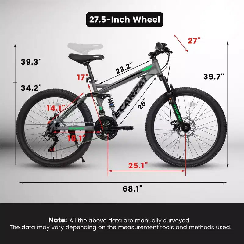 Bicicleta de montaña de doble suspensión NAYSAYE de 27.5 pulgadas y 21 velocidades con amortiguadores dobles para hombres y mujeres, gris, 68.1*27*39.7