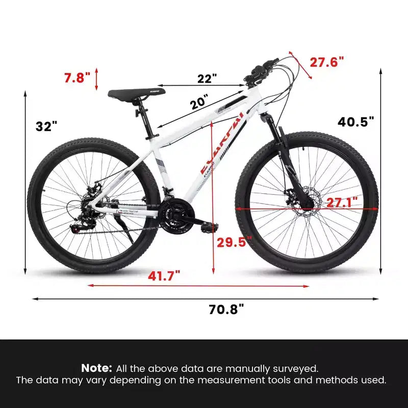 Bicicleta de montaña NAYSAYE de 27 pulgadas con cambio de 21 velocidades, horquilla de suspensión y frenos de disco para hombres y mujeres, color blanco, 53.54*7.68*28.35