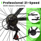 Bicicleta de Montaña NAYSAYE de 26 Pulgadas con Cuadro de Acero al Carbono, 21 Velocidades, Frenos Dobles V, para Adultos y Adolescentes, para Senderismo, Negro y Verde, 69.57*27*39