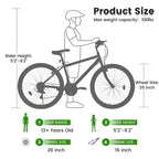 Bicicleta de Montaña NAYSAYE de 26 Pulgadas con Cuadro de Acero al Carbono, 21 Velocidades, Frenos Dobles V, para Adultos y Adolescentes, para Senderismo, Negro y Verde, 69.57*27*39
