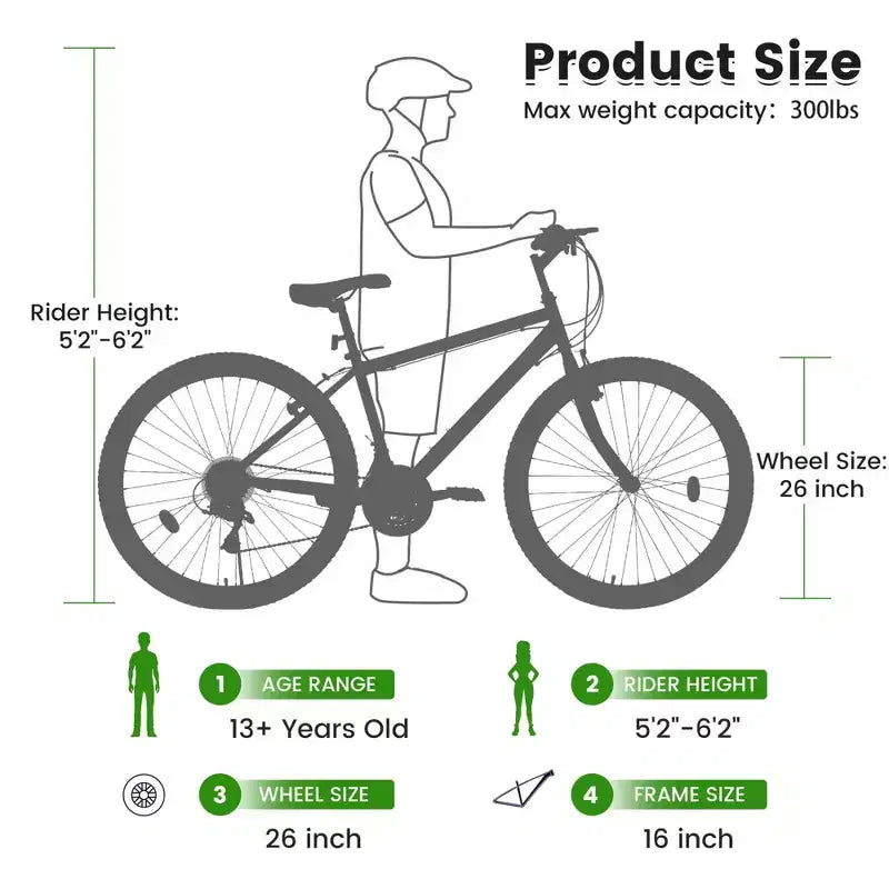 Bicicleta de Montaña NAYSAYE de 26 Pulgadas con Cuadro de Acero al Carbono, 21 Velocidades, Frenos Dobles V, para Adultos y Adolescentes, para Senderismo, Negro y Verde, 69.57*27*39