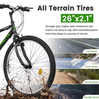 Bicicleta de Montaña NAYSAYE de 26 Pulgadas con Cuadro de Acero al Carbono, 21 Velocidades, Frenos Dobles V, para Adultos y Adolescentes, para Senderismo, Negro y Verde, 69.57*27*39