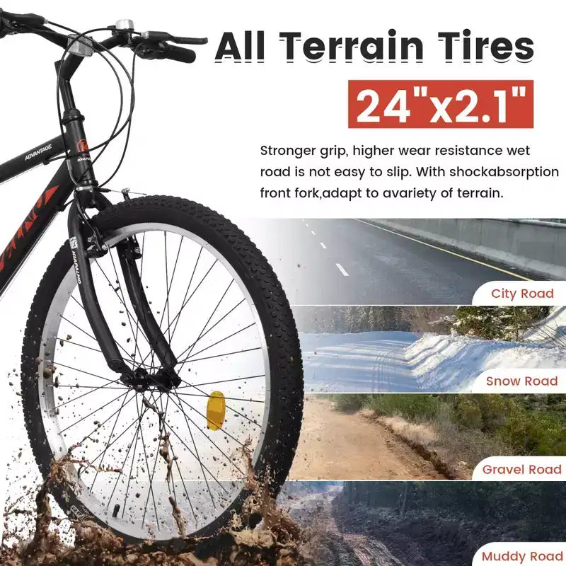 Bicicleta de Montaña NAYSAYE de 24 Pulgadas, Cuadro de 21 Velocidades, Frenos Dobles V para Adultos y Adolescentes para Ciclismo de Montaña, Negro y Rojo, 64.57*24.8*34.65